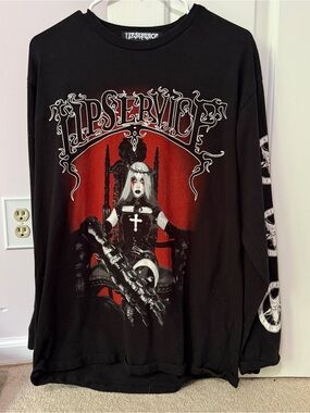 Lip Service Black Long Sleeve Gothic Throne Graphic Tee with Red Accent